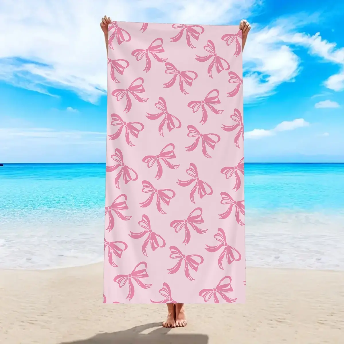 1pc pink bow beach towel, cherry line bow design printed large quick drying absorbent beach towel, suitable for outdoor sports, swimming, yoga, camping, shower and beach vacation essential multifunctional beach towel, Quick Drying Towels