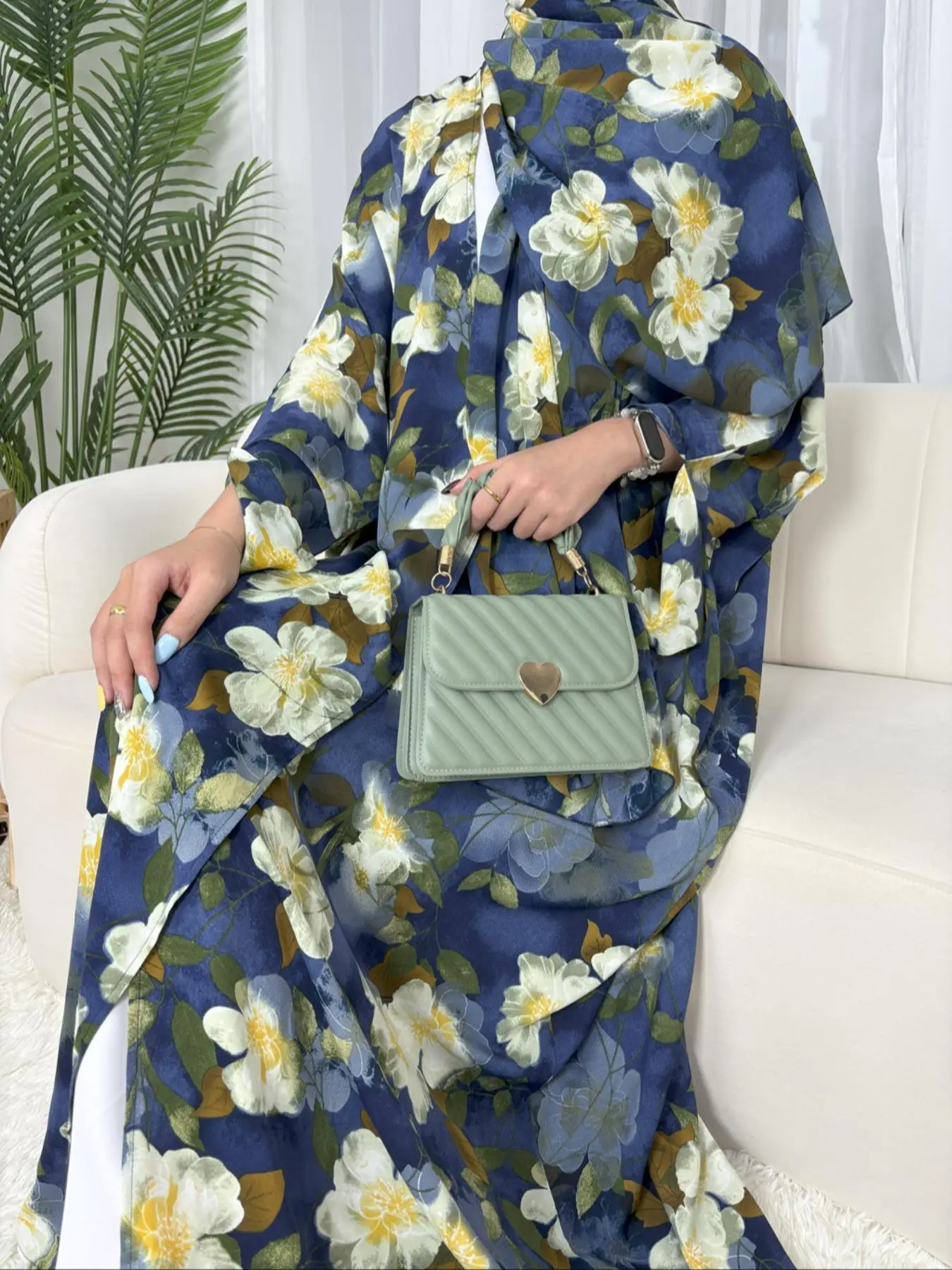 Women's Floral Print Long Sleeve Abaya & Hijab Set, Elegant Casual Abaya & Headscarf Set for Daily Wear, Ladies Islamic Clothing for All Seasons