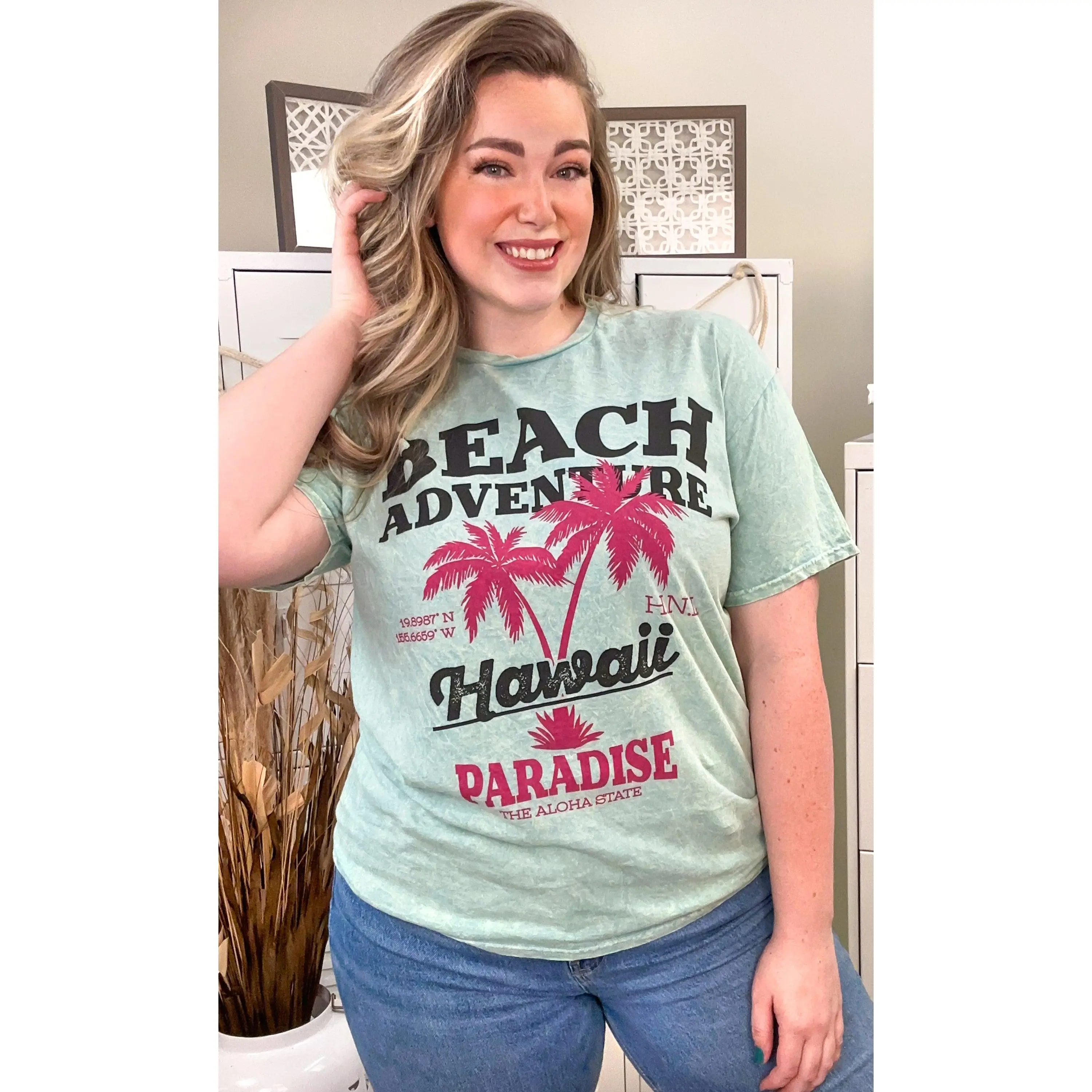 Tees2urdoor Women's Basic Beach Adventure Graphic T-Shirt - Casual Mineral Washed Cotton Crew Neck Short Sleeve Summer Top, Fits Garments, Mint Unisex Style