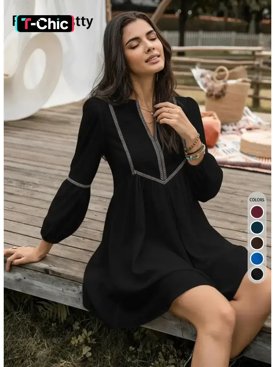 Women's Geometric Embroidery Smock Fitted Dress, Boho Bohemian Bishop  Sleeve Notched Neck Short Dress for Beach Vacation Holiday, Ladies Clothes  for All Seasons - TikTok Shop