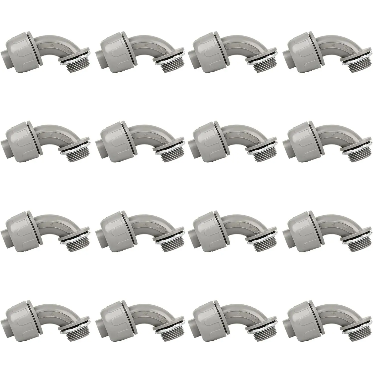 Conduit Connectors, 3/4 Inch Liquid Tight Connector NPT Non-Metallic for PVC Electrical Flexible Conduit Fittings, 90 , UL Listed for  Outdoor Tubes Tools, Grey (16-Pack)
