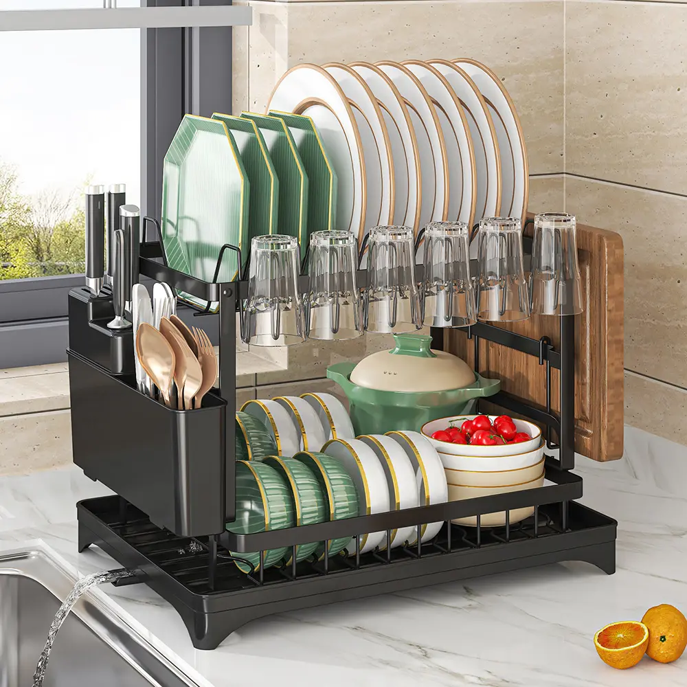 Black 2-Tier Stainless Steel Countertop Dish Drying Rack Set - 2-Layer Design, Adjustable Height Draining Boards, Utensil Holder, 360° Telescopic Pipe, Knife-Hanging Compatibility, Easy Installation Kitchen Organizer (Carbon Steel, Drain System)