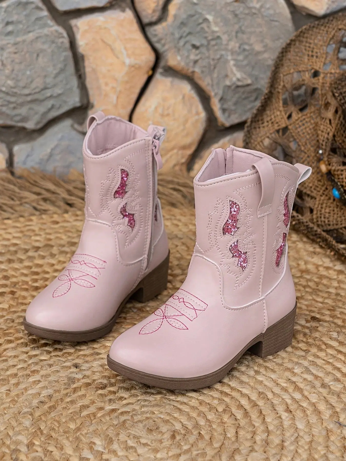 Girls' Western Cowboy Boots, Cowgirl Boots, Glitter Hollow Out Embroidery, Embroidered Boots, Side Zipper Easy On/off, Princess Short Boots for Daily Wear