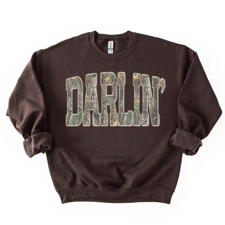 Camo Darling Sweatshirt, Camouflage Crewneck, Trendy Graphic Apparel, Country Style Outfit for Women