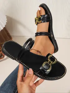 Women's Buckle Strap Sandals, Flat Outdoor Mules, Vintage Style Daily Wear, Two-In-One Ladies Slippers for Spring Summer