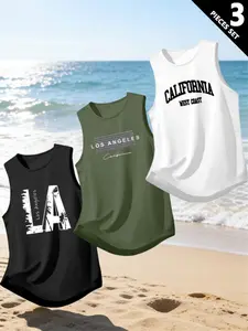 Men's Summer California Tropical Beach Style Sleeveless Vest Set, Classic Round Neck, Loose Fit, Breathable, Perfect for Hot Weather