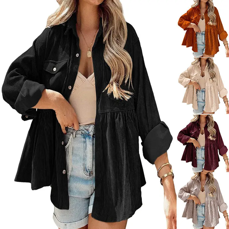 Women's Fashion Oversized Corduroy Peplum Shacket Coat - Longsleeve Button-Down, V-Neck, Lapel, 2 Bust Pockets, Lightweight Loose-Fit, Holiday Wear, Sleeveless Layer Option, Casual Crop Top Blouse Tunic, Longsleeves, Babydoll Tunic