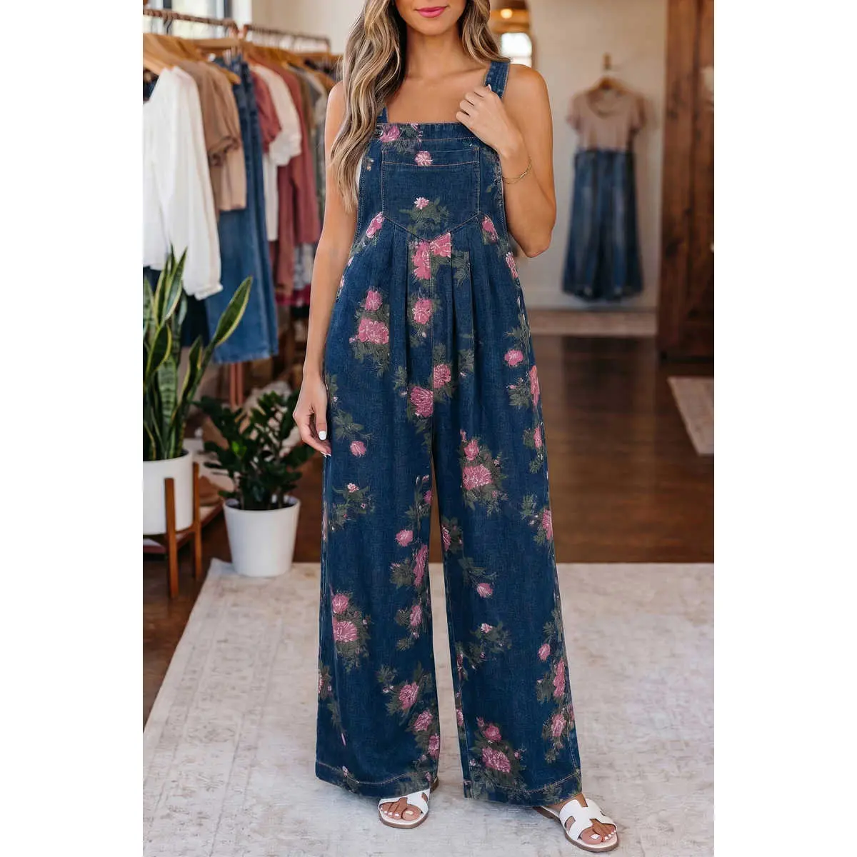 Women's Flower Print Denim Overalls - Pleated High-Waist Wide-Leg Jumpsuits with Adjustable Straps, Breathable Polyester-Cotton Blend