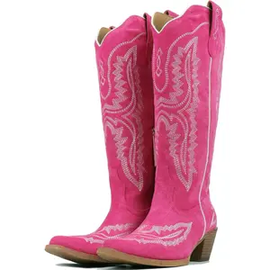 Cowboy Boots for Women Hot Pink Suede-Like Finish Round Toe Chunky Heel Western Style Retro Country Vintage Tall Boots US10 Comfortable Fit for Casual & Western Outfits