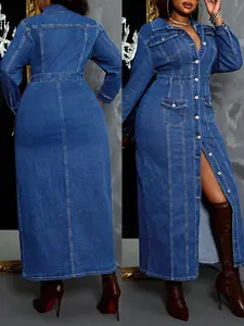 Spring New Women's Button Front Long Sleeve Maxi Denim Dress, Stylish Casual Fashion, Perfect for Daily Wear Womenswear