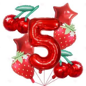 1set Summer Party Fruit-Themed Strawberry, Cherry, and Star Foil Balloon Set—Perfect for decorating venues and creating backdrops for birthday parties for children ages 1–9, and for adding a festive atmosphere to photo sessions