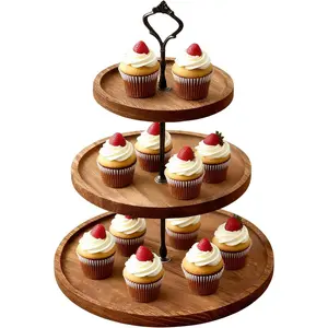 3 Tier Round Cupcake Tower Stand for Cupcakes, Wooden Cake Stands with Tiered Tray, Farmhouse Wood Dessert Display Platter for Birthday Graduation Baby Shower Wedding Tea Party