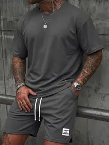 Men's Casual Sportswear Set, Athleisure Wear Set, Athleisure Activewear Set, Waffle Knit Round Neck Short Sleeve T-Shirt with Pocket Details & Drawstring Shorts, Summer Series