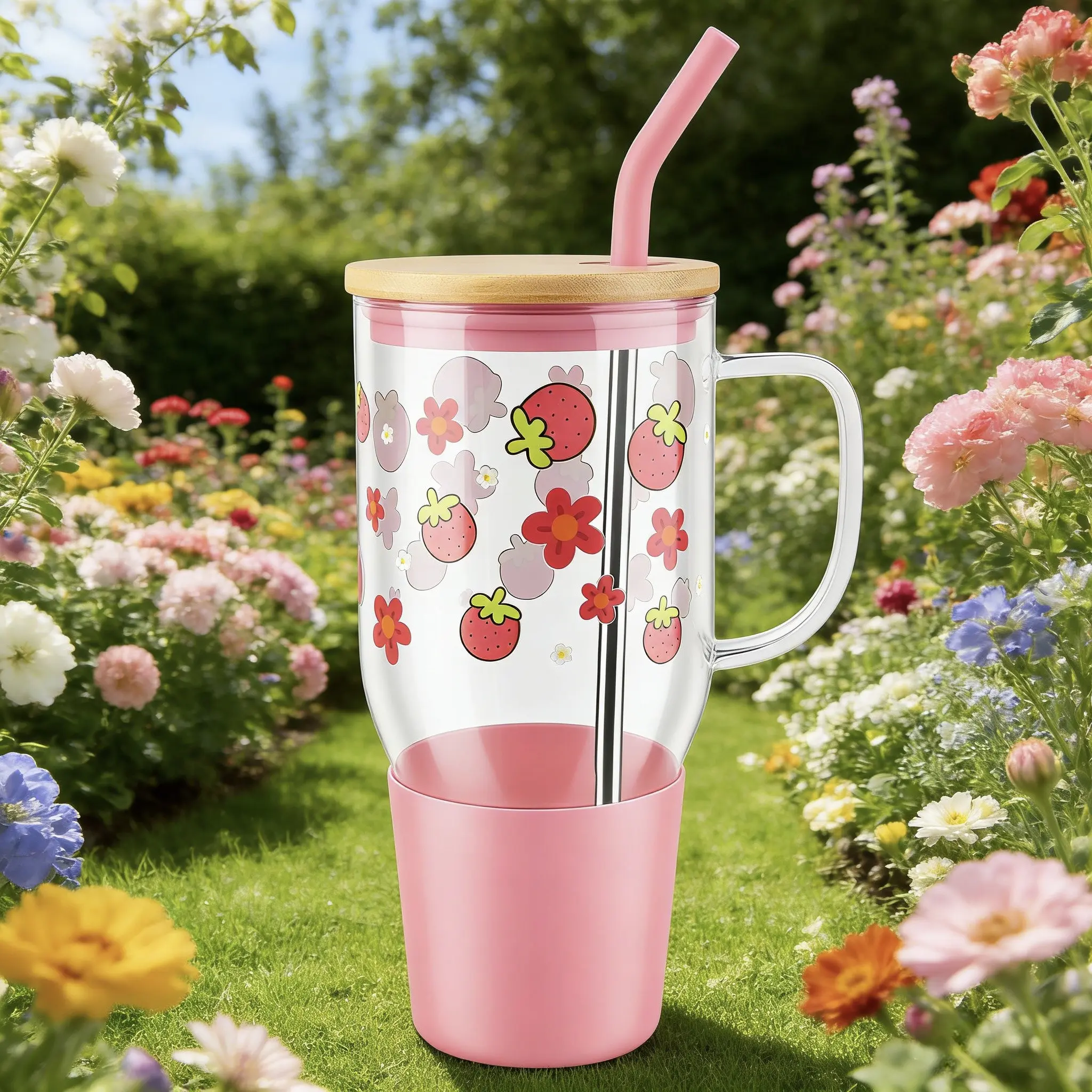 Women's 40oz Round Glass Tumbler, Stylish Summer Cup with Handle, Lid & Straw, Large Capacity Reusable Drinkware for Cold Drinks, Smoothies, Travel and Outdoor Activities