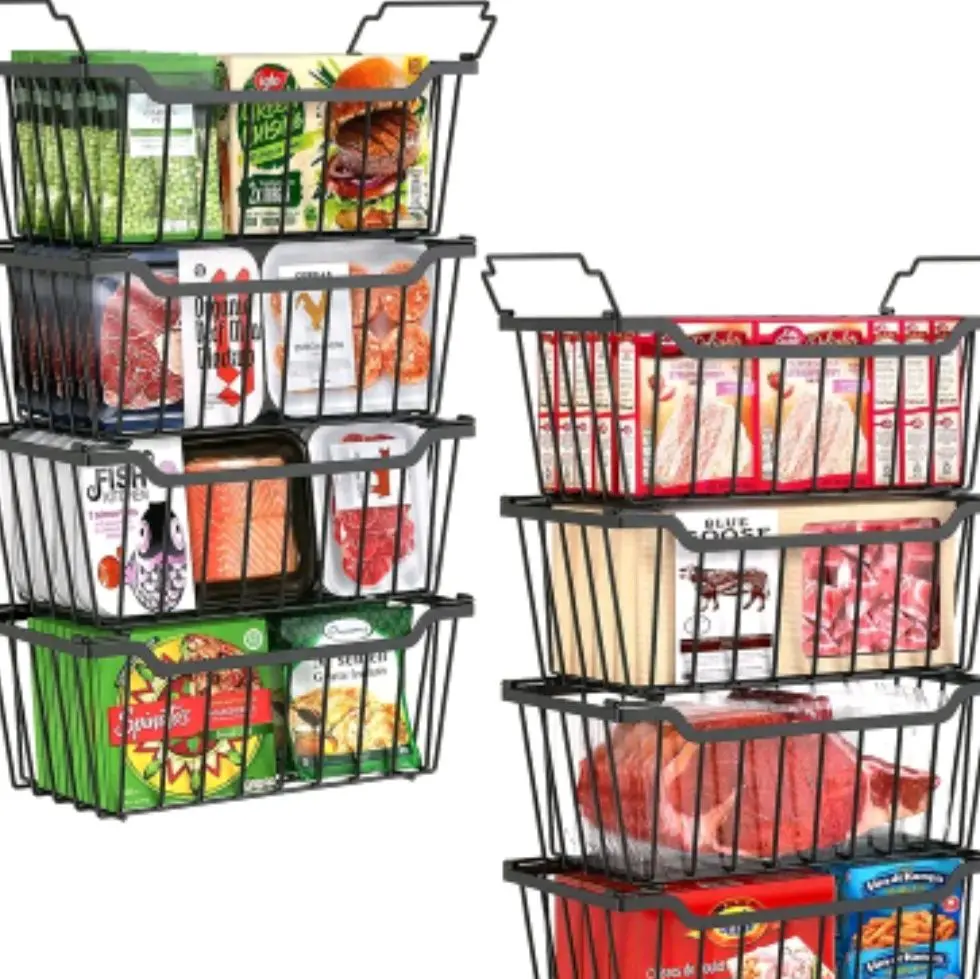Freezers Organizer Bins Stackable Metal Storage Baskets w Handles 4 8 Pack for Efficient Food Storage Foldable Gift