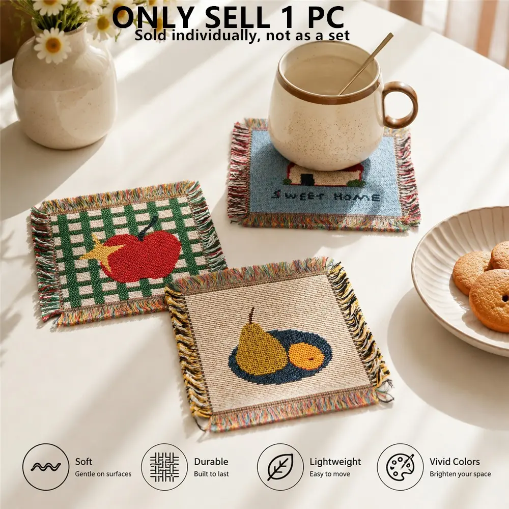 Sweet Home and Fruit Design Vintage Textile Crafts Boho Woven Cup Coaster Non-Slip Heat Resistant Drink CuteCoffee Tea Mug Mat Table Beer Protection Pad Coasters for Drinks for Home Kitchen Desktop Decor