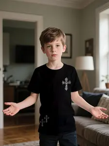 Gothic Cross Digital Print T-Shirt, 100% Polyester, Fashion Casual Kids Clothing, Perfect Gift for Boys, Outdoor Sports & Daily Wear, Graphic Print Tee