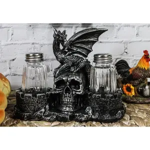 Medieval Dragon On Oversized Skull By Castle Towers Salt Pepper Shakers Holder