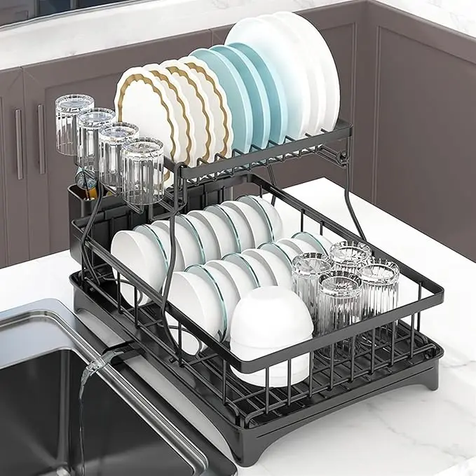Double-Layer Carbon Steel Kitchen Countertop Drain Rack Organiser with Stand-Alone Draining Boards, Practical Drying Solution for Tableware Storage with Efficiency & Durability, Two-Compartment Draining Boards