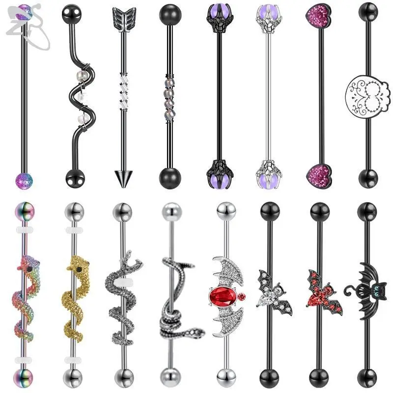 Gothic Snake Stainless Steel Industrial Piercing Ear Stud, 14g 38mm Helix Barbell with Cubic Zirconia, Bat Shape Body Jewelry for Helix Piercings, Tragus, Cartilage, Style1 Silver
