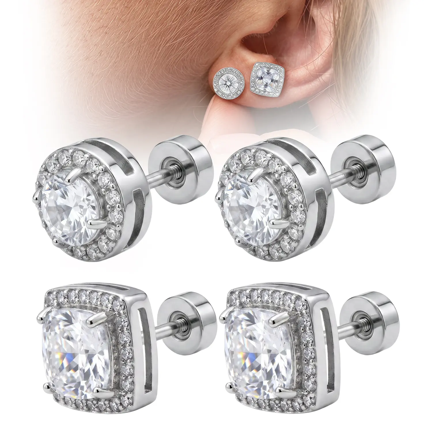Women's Luxury 4-Piece Halo Zircon Stud Earring Set — Available in Gold/Silver Two-Tone and Round/Square Styles; Hypoallergenic Material — A Gift for Her; Includes Ear Backs and an Exquisite Jewelry Box — The Perfect Gift for Her