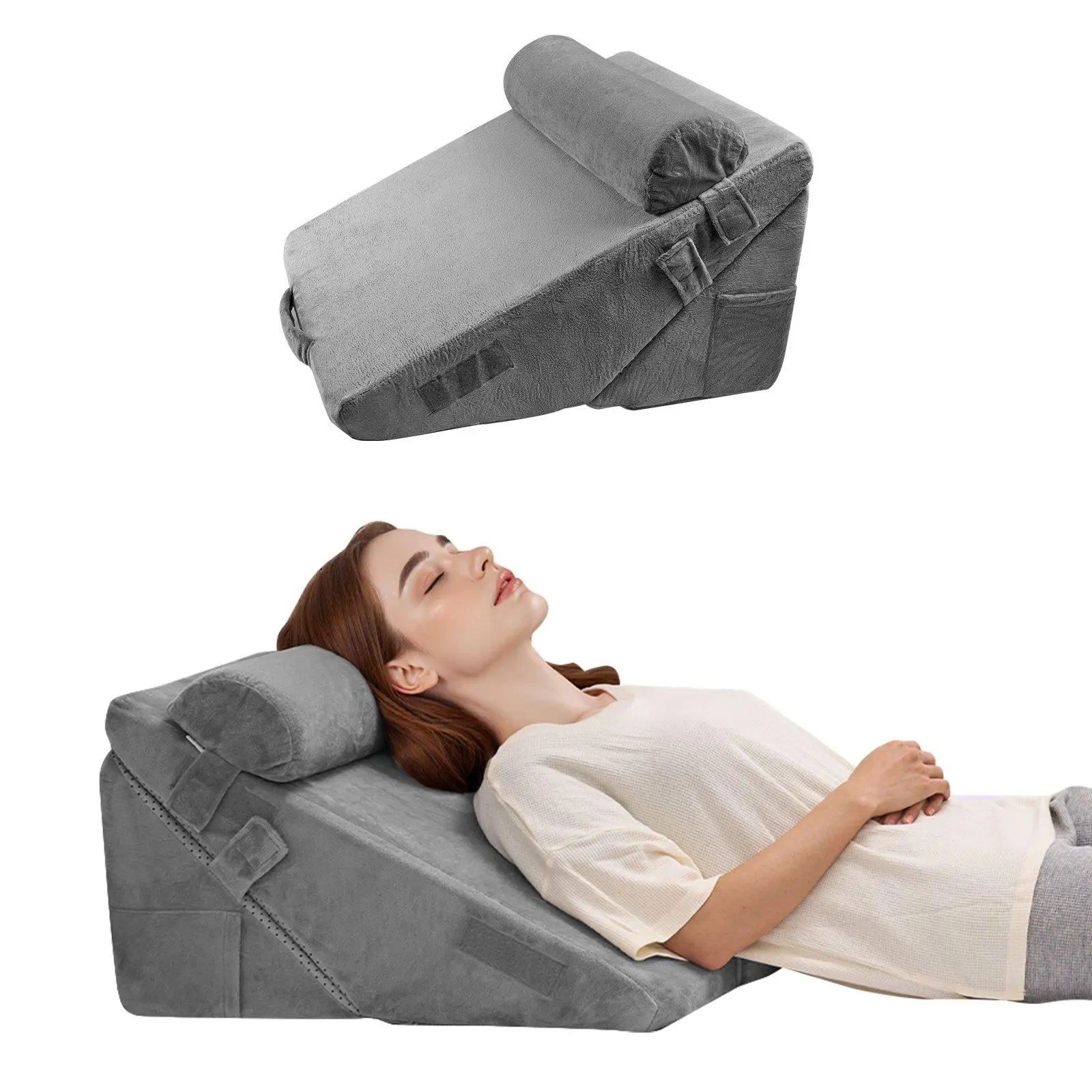 3-in-1 Wedge Pillow for Sleeping with Adjustable Height, Orthopedic Support Pillow Set for Acid Reflux and Snoring Relief, High-Density Foam Base with Gel Memory Foam, Washable Cover, Dark Grey