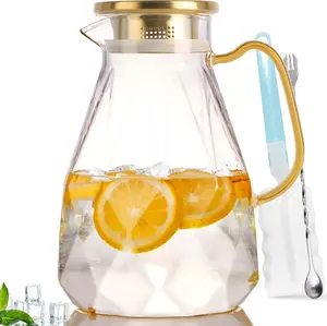 Glass Pitcher,74oz/2.2 Liter Water Pitcher with Lid,Beverage Serveware,Iced Tea Pitcher,Water Carafe Handle,Heat Resistant Borosilicate Jug(with Mixing Spoon and Cup Brush)