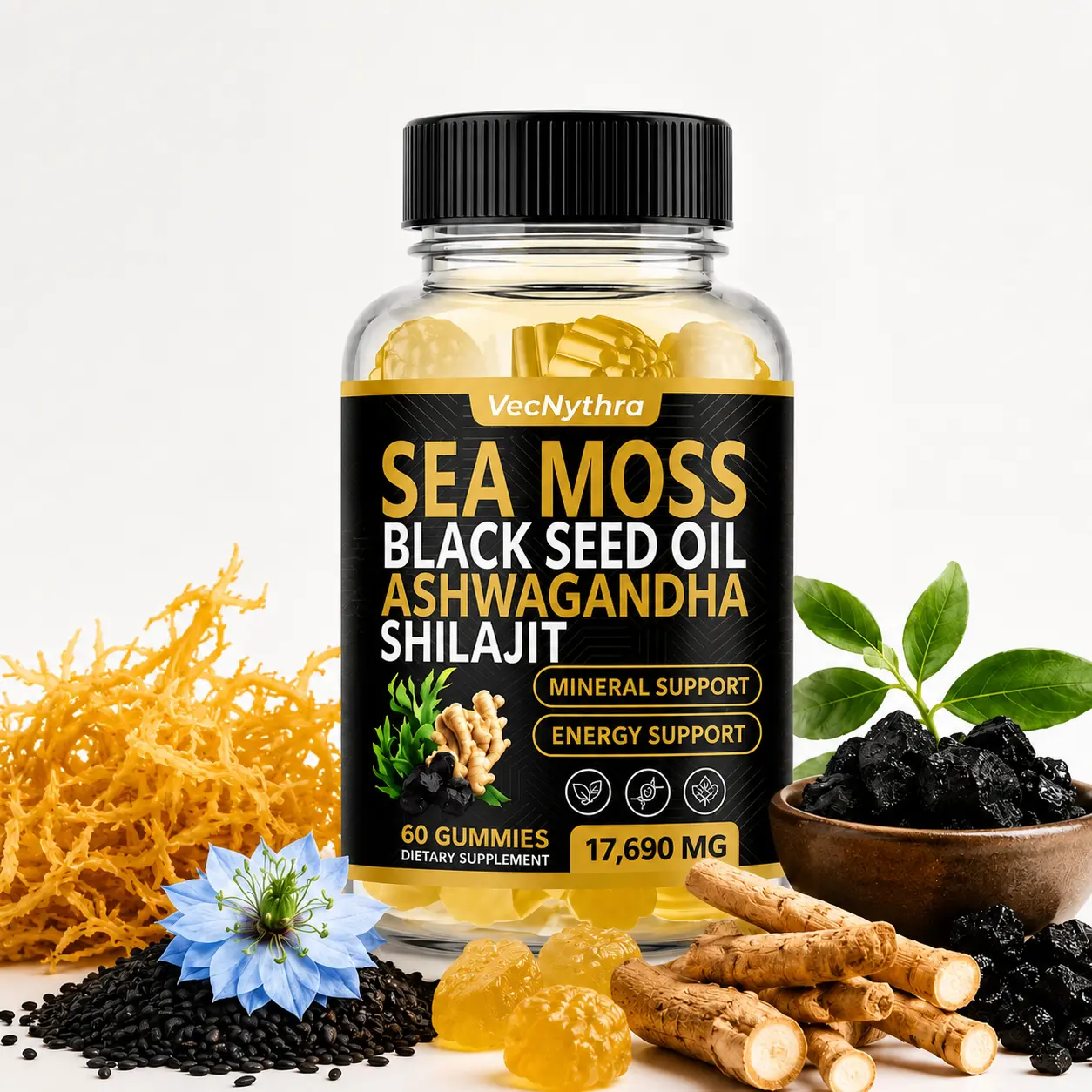 Sea Moss Black Seed Oil Ashwagandha Shilajit Gummies - 17,690 MG Advanced Botanical Blend with Vitamin C & D3, Mineral & Energy Support, Plant-Powered Daily Wellness Supplement, 60 Chewable Gummies