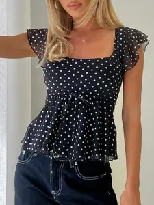 Chiffon Polka Dot Crop Top Women Cute Babydoll Daily Outfit Blouse Summer Tops