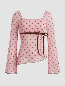 Women's Sweet Asymmetric Hem Polka Dot Bell Sleeve Bow Lace T-Shirt, Casual Fashion Top, Style, Perfect for Daily Wear