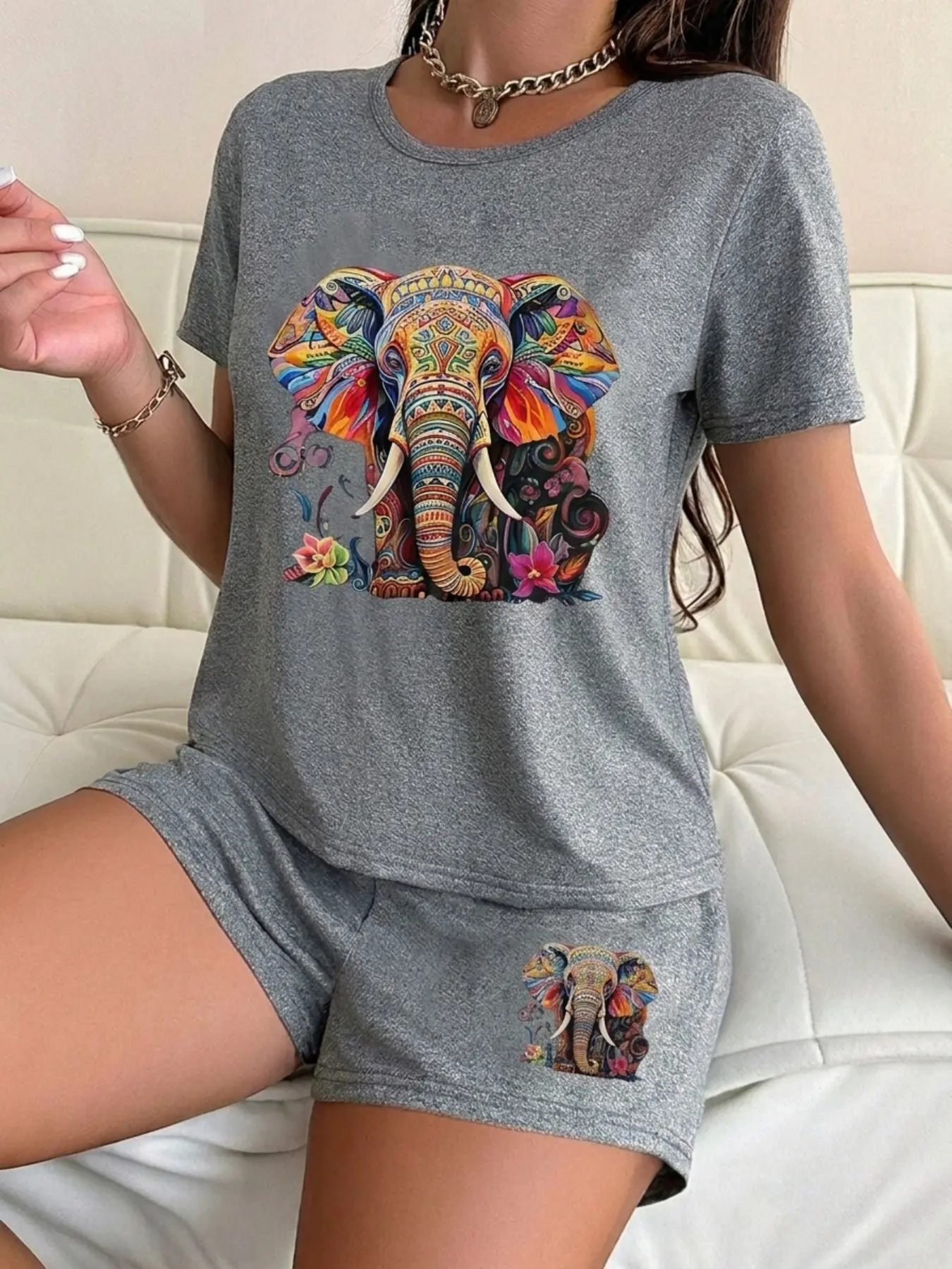 Women's Ethnic Style Pajama Set, Loose-Fitting Elephant Print Sleepwear Loungewear, Casual Two-Piece Night, Comfortable Home Wear Pjs Shorts, Everyday Loungewear, Pajamas, Nightwear Lounge Set
