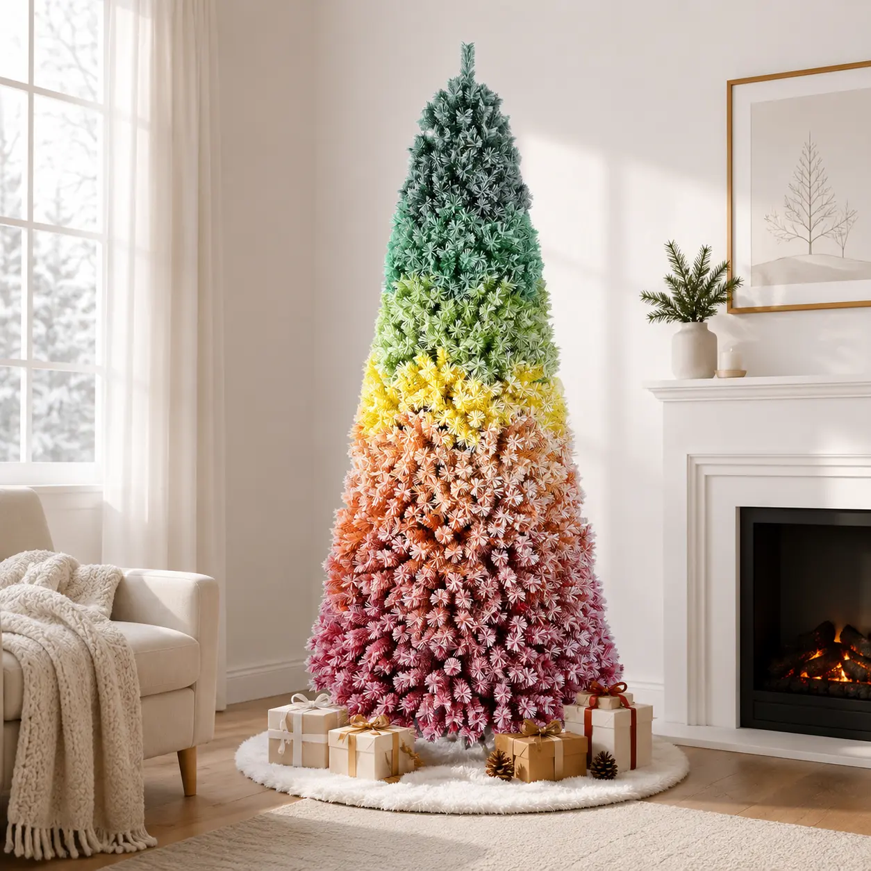 Flocked Rainbow Artificial Christmas Tree - 6FT/7.5FT Hinged PVC Christmas Tree with Foldable Metal Stand for Indoor Holiday Home Decor