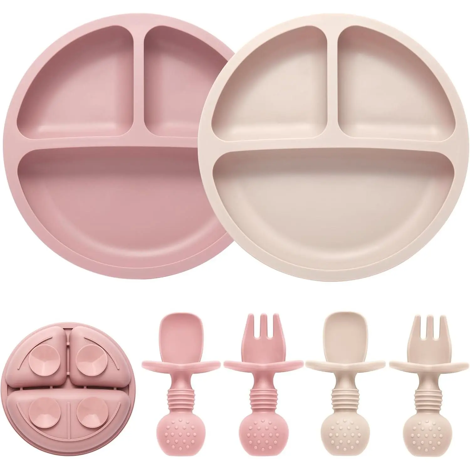 Non-Slip Synthetic Independent Feeding Set - 2-Pack Divided Plates with Suction Base & Protective Safety Barrier, 2-Pack Durable Textured Handle Spoons & Forks, Reduces Messes Dishwasher-Safe Kitchen Tableware Supplies
