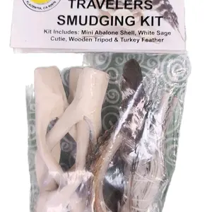 Traveler Kit. includes white sage, abalone shell and stand, and a feather.
