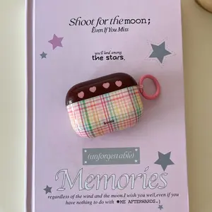 Cute Plaid Pattern Earphone Case with Heart Decor Keychain, Earphone Protective Cover, Earphone Accessories Compatible with AirPods, Headset