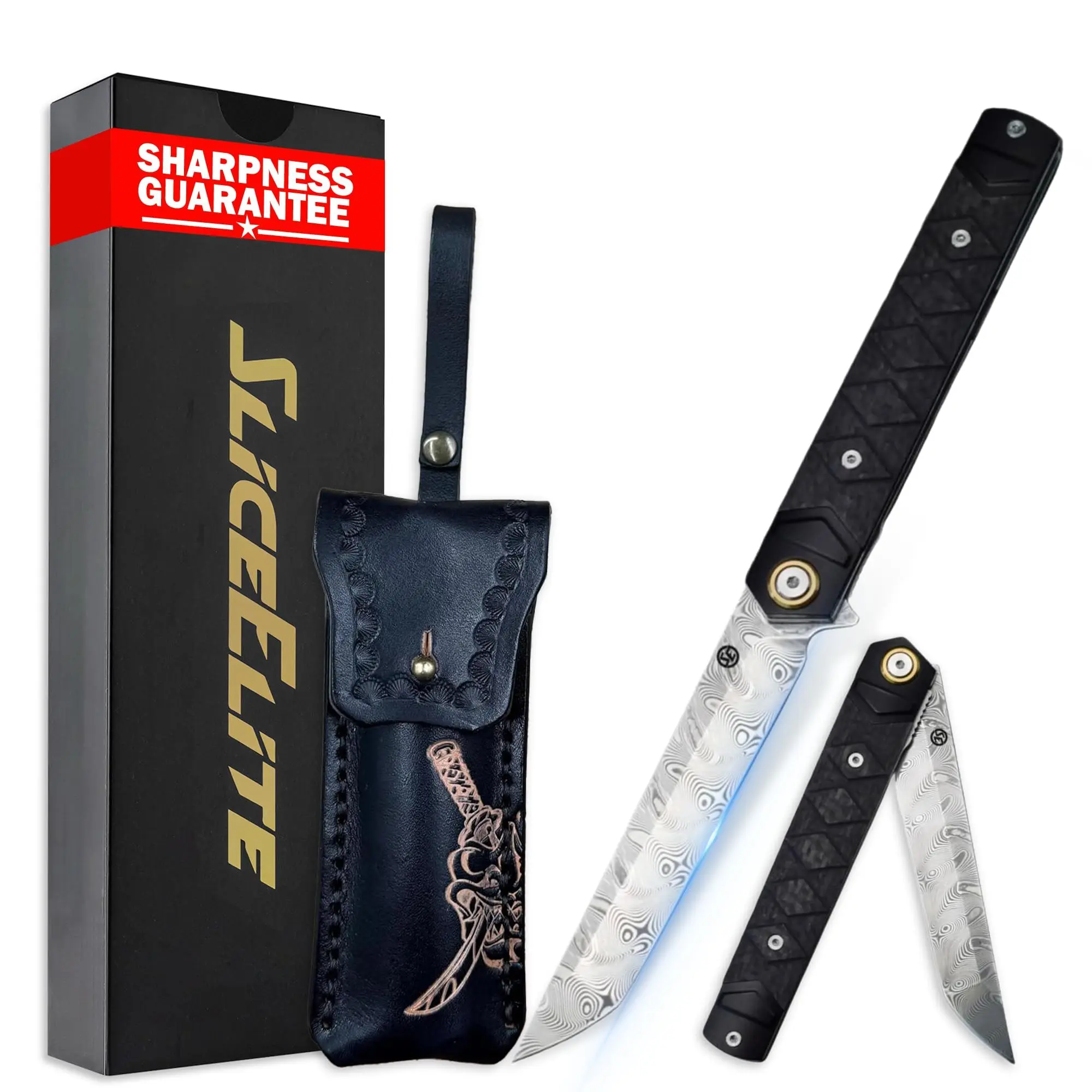 SliceElite Hannya Samurai Folding Knife 3.74” Blade 110 Layer Damascus Steel VG10 & 440C Carbon Fiber Handle Flipper Liner Lock Argentine Leather Sheath Collector Series EDC Pocket Knife Tanto Blade