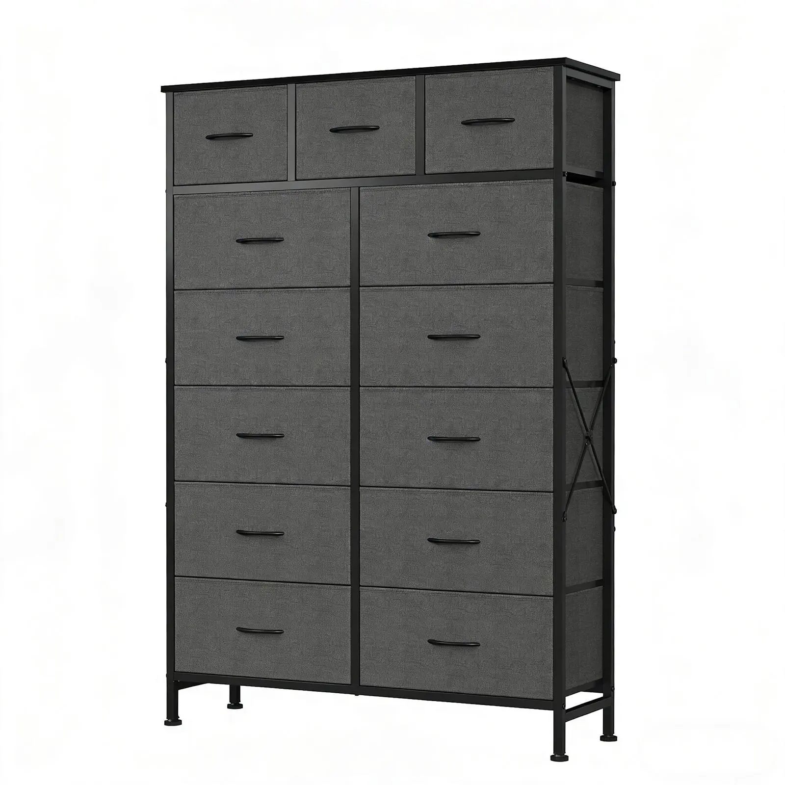 13-Bin Fabric Drawer Storage Tower, 56.7-Inch Tall Organizer with 3 Small + 10 Large Drawers, Heavy-Duty Steel Frame Storage Unit for Clothing, Toys, Books – Bedroom, Closet, Office