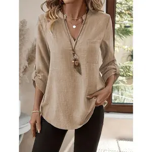 Women's Chic V-neck Long Sleeve Top 100% Polyester Fiber Solid Color Button Detail Lightweight Fabric for Spring Summer Autumn Fitted Sea Blue Blouse Casual Cotton Linen Elegant Shirts Womenswear Printed Woven