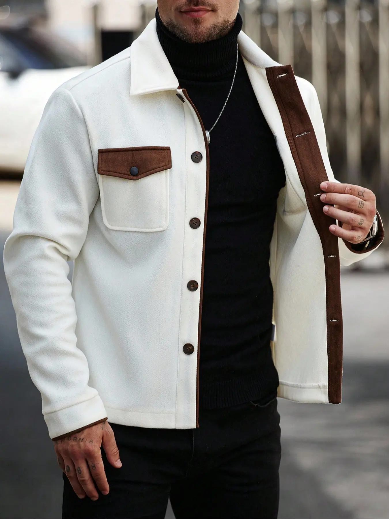 Men's Colorblock Button Jacket, Casual Classic Regular Fit Long Sleeve Coat, Fall & Winter Fashion Street Style, Versatile Daily Wear Outerwear, Fitted, Casual Fitted Jackets
