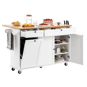 【Summervibes】VEVOR Kitchen Island Cart with Storage,  60in Wide Mobile Kitchen Cart with Wheels, Drop Leaf, 2 Drawers, Trash Can Cabinet, Knife Holder, Spice Rack, and Towel Rack, Table for Dining Room, Pantry