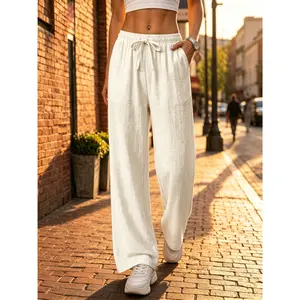 Women's solid color wide leg pants, mid waist drawstring, loose casual pants, suitable for daily wear, diverse styles, lightweight and breathable high-quality linen casual pants - lightweight and breathable summer p comfy scrub camo Elegance Womenswear