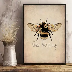 1 piece of vintage art piece, bee happy pattern - bee friendly, bee self, natural pattern, vintage poster and printed canvas painting for wall decoration for bee lovers, suitable for wall art in bathrooms, bedrooms, offices, living rooms, with black frame