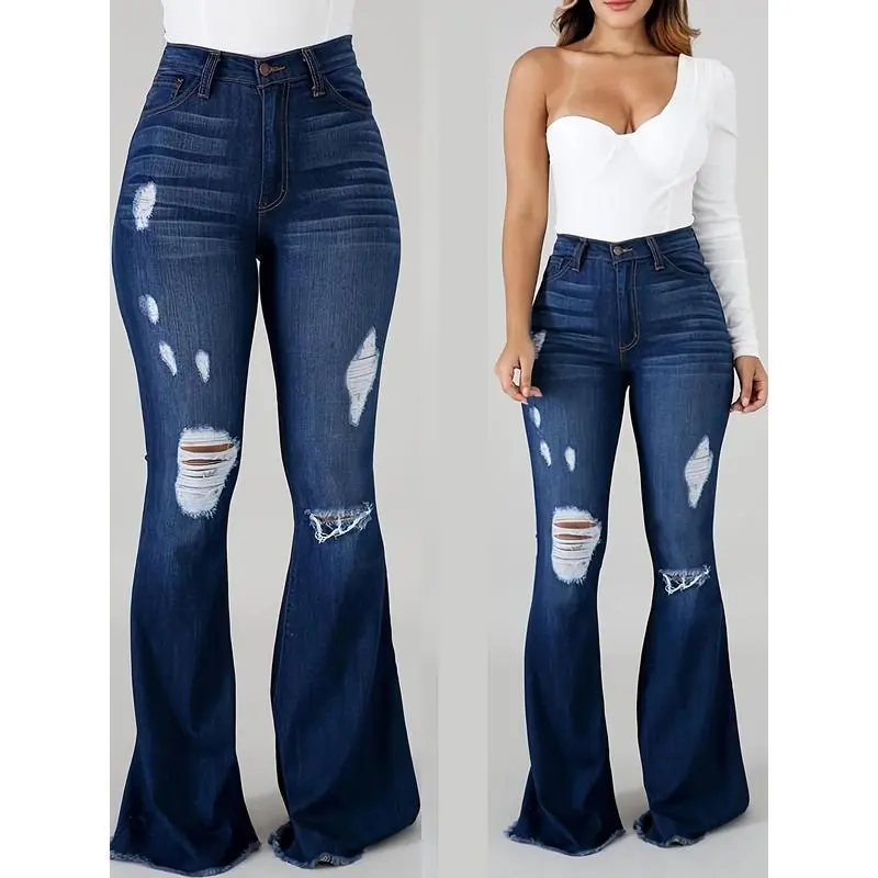 2025 Women's High-Waist Ripped Flare Jeans - Stretch Denim Bell Bottoms with Distressed Detailing, Comfortable & Sexy All-Season Wear (Plus Size), Allseason Jeans |       Flared Bottom Jeans |       Durable Fabric Jeans HOT