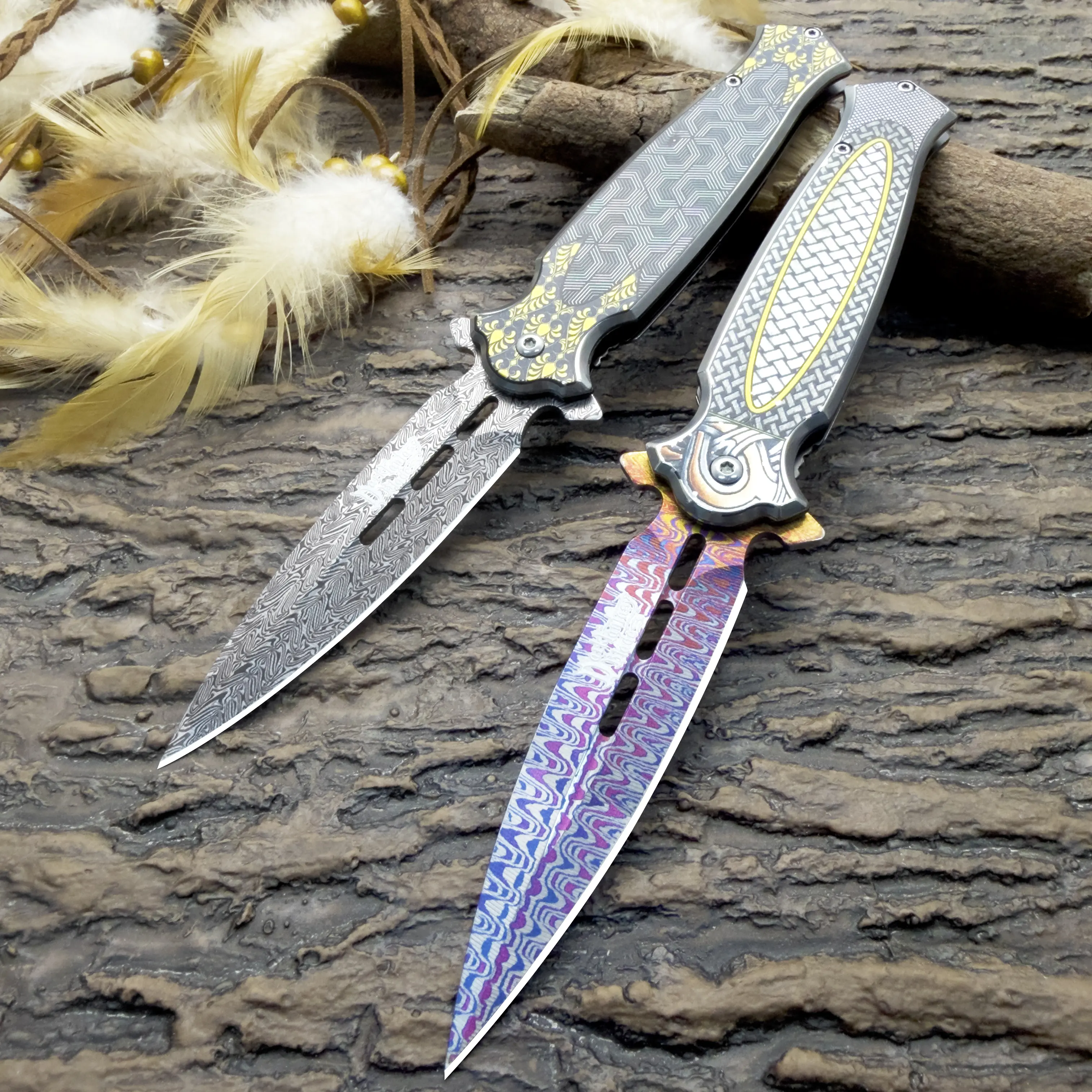 2-Pack Ornate Damascus-Pattern Kitchen Knives, Vibrant Metallic Decorative Kitchenware with Detailed Handles, Compact and Foldable Design, Sharp Blade for Cooking Cutting Tasks