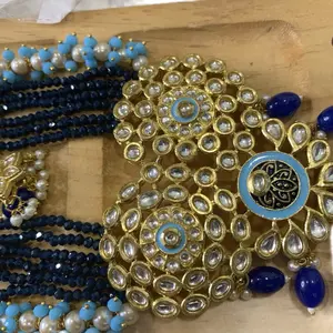 Kundan Long Chain Style Necklaces with Earrings - Elegant Design, Featuring Blue and Black Beads, Includes Earrings woman fashion artificial jewellery exquisite trendy vintage Sweetheart Jewelry