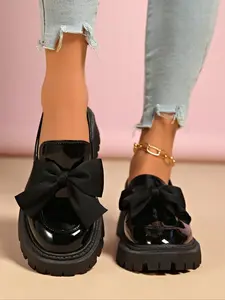 Women's Loafers Thick Sole Chunky Heel Slip-On Rubber Bottom, Casual Fashion Office Business Shoes, Comfortable Daily Wear Bow Design