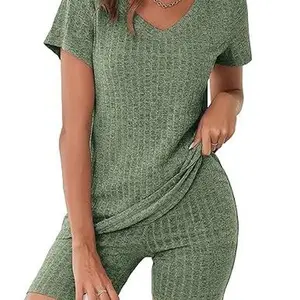 Ekouaer Women's Ribbed 2-Piece Biker Short Set - Chic, Casual Style Maternity Pajama Loungewear with Breathable Fabric Top for Nightwear & Workout