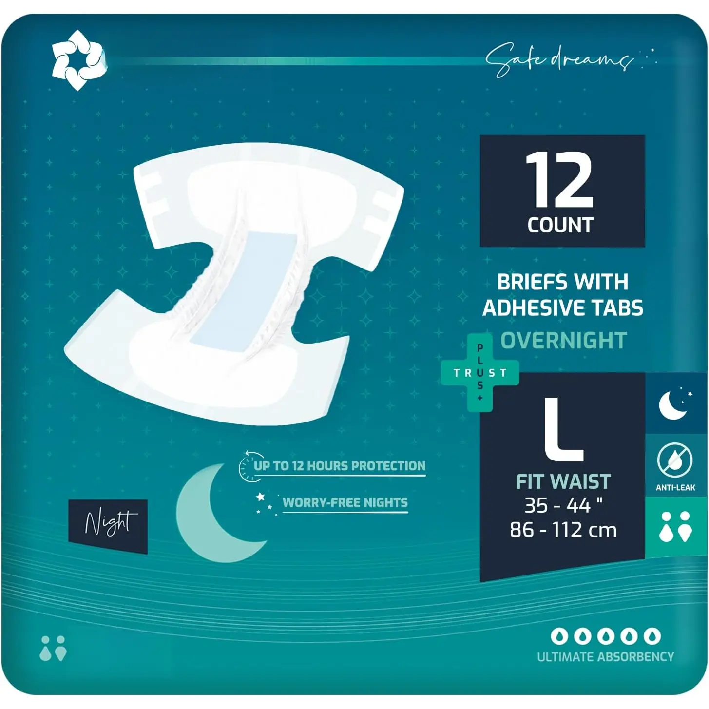 TrustPlus Overnight Adult Diapers with Tabs, Unisex Disposable  Briefs for Men and Women, Odor Control, Large, 12 Count