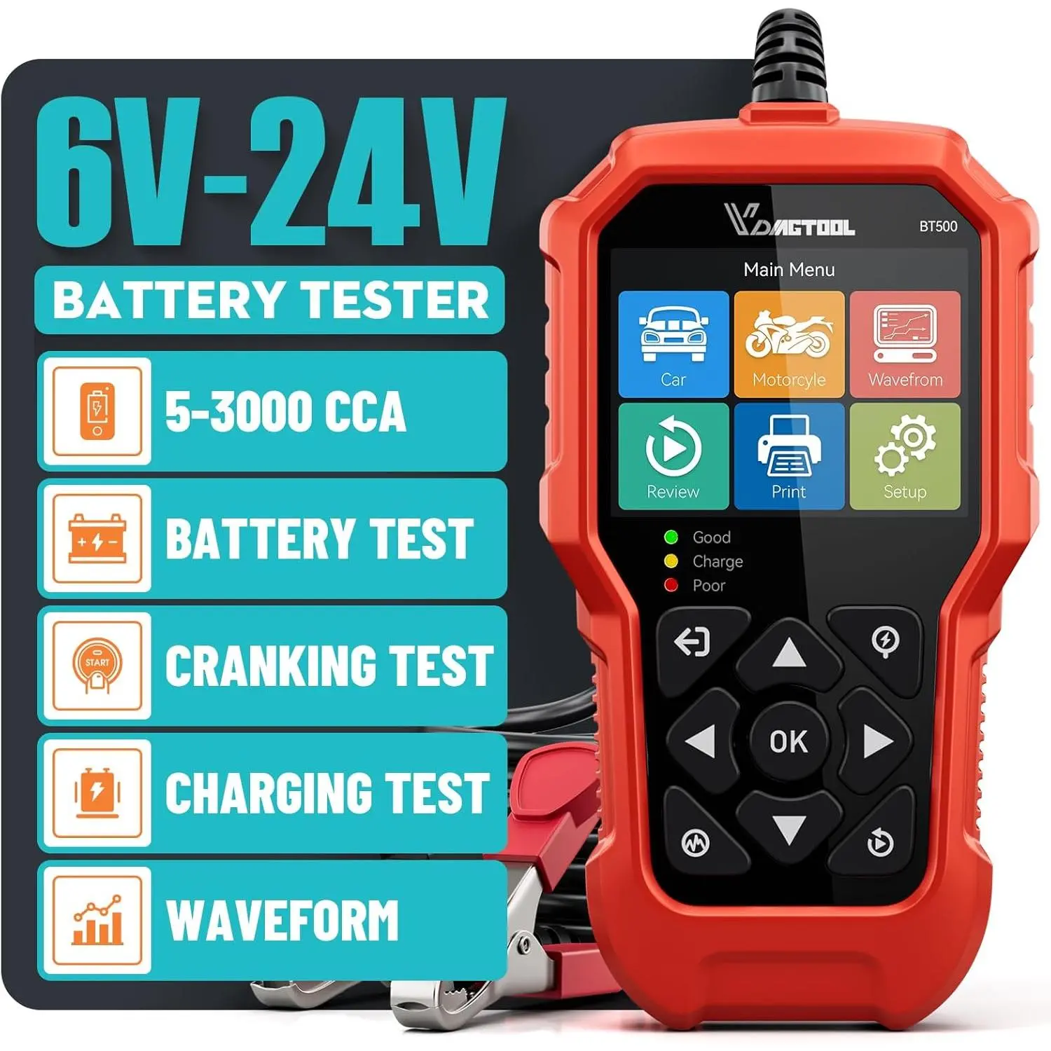 VDIAGTOOL BT500 Gauge Car Battery Tester - 6V/12V/24V, 5-3000 CCA, 14.9 oz, Intuitive Interface Fast Precision Health Check Tool for Cars, Motorcycles, Mowers, Ideal Father's Day Gift