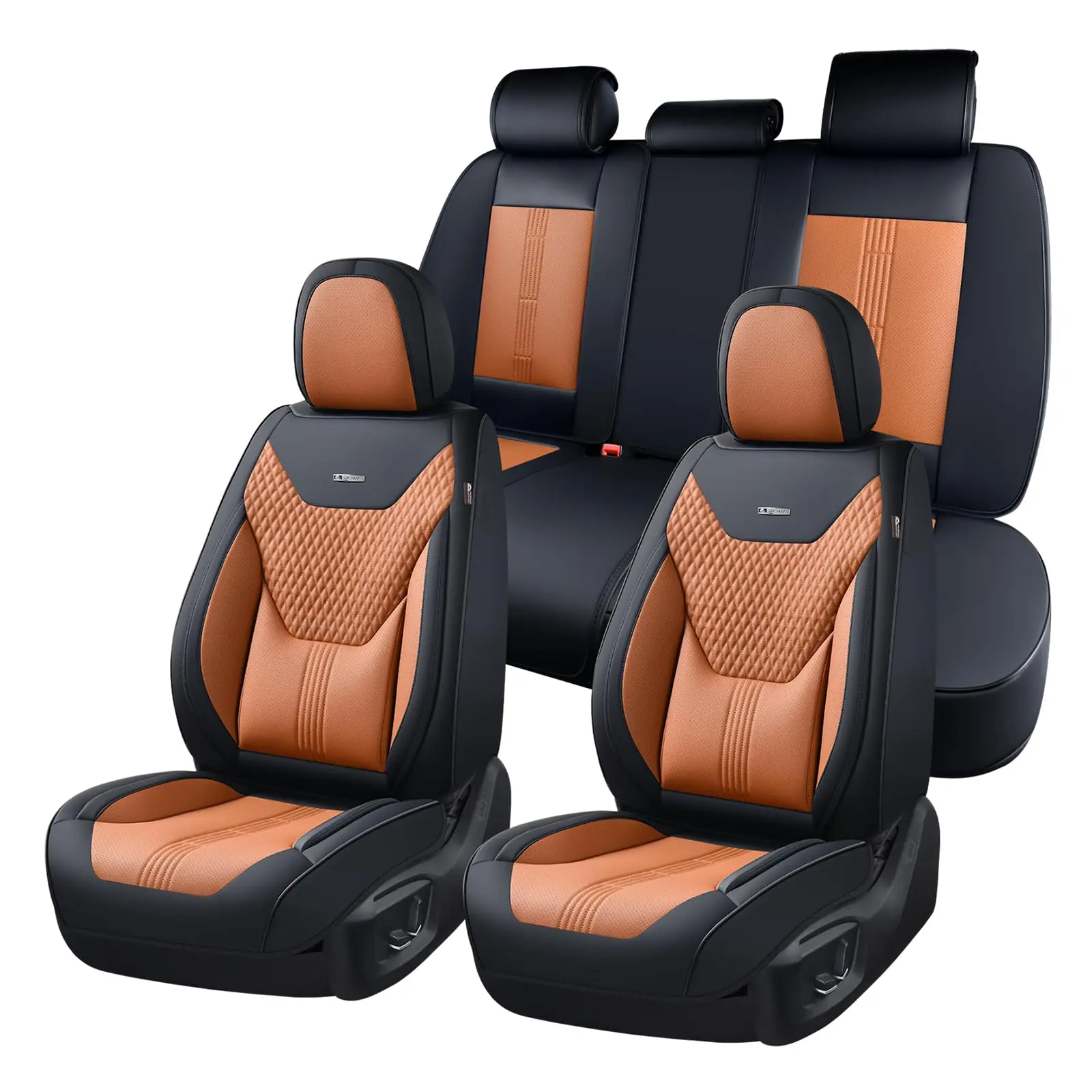 Coverado Full Set Leather Car Seat Covers with Lumbar Support Cushion | Waterproof Universal Fit Front & Back Seat Protectors for Most Cars Sedans SUVs. Breathable Automotive Interior Accessories. stylish upgrade 2618